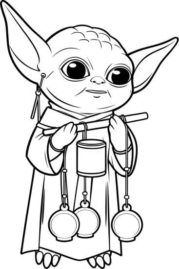 A coloring page of Baby Yoda crafting wind chimes