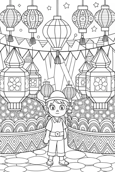 A coloring page of Luigi at the lantern festival