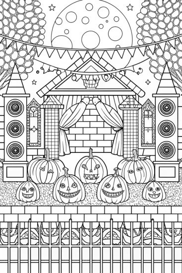 A coloring page of Halloween music festival scene