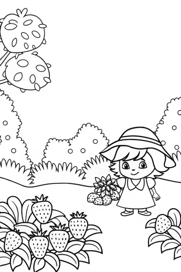 A coloring page of Strawberry Shortcake in a berry garden