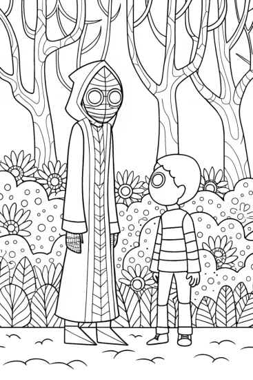 A coloring page of Enderman and villager in a forest