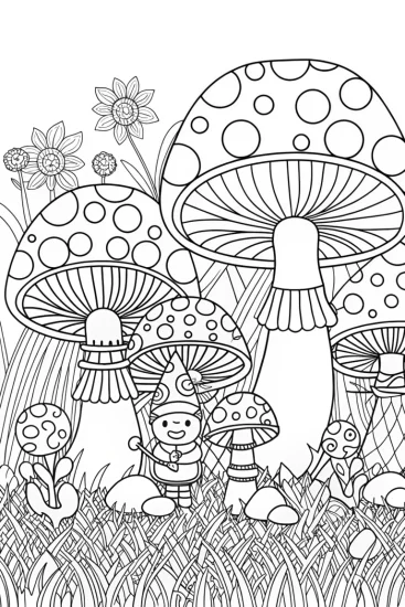 A coloring page of Mushroom orchestra in the meadow