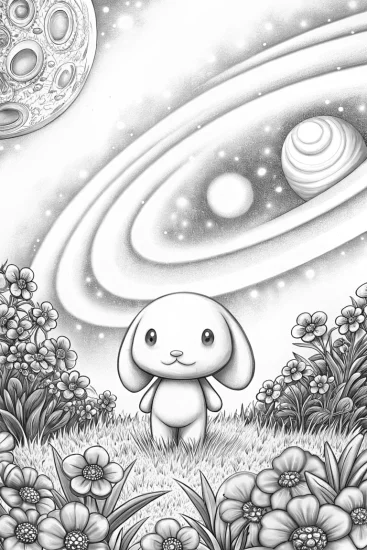 A coloring page of Pompompurin in a cosmic garden