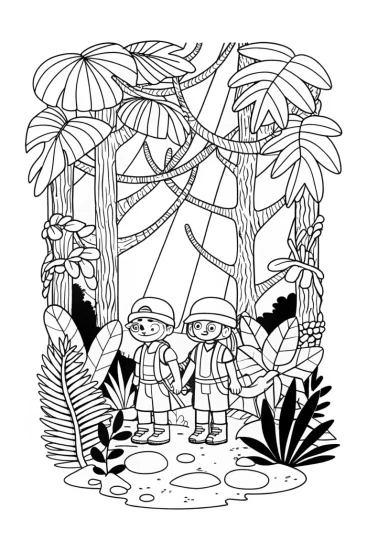 A coloring page of Mario and Luigi exploring the jungle