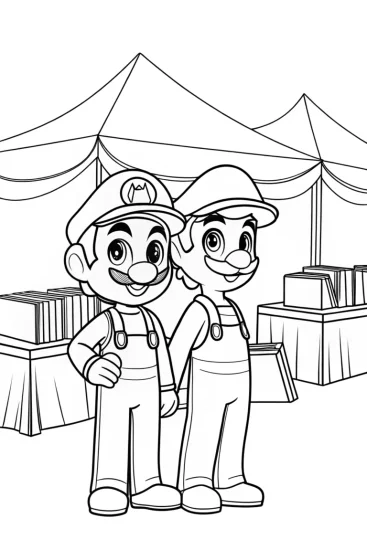 A coloring page of Mario and Luigi’s book fair
