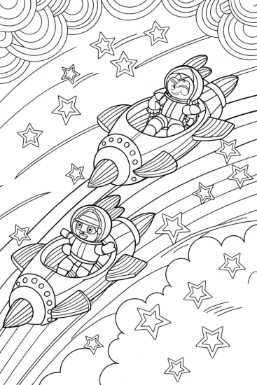 A coloring page of Star characters racing in the sky