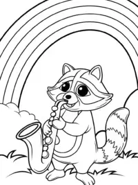 Raccoon playing saxophone under rainbow