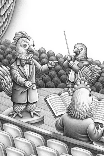A coloring page of Chickens conducting a symphony