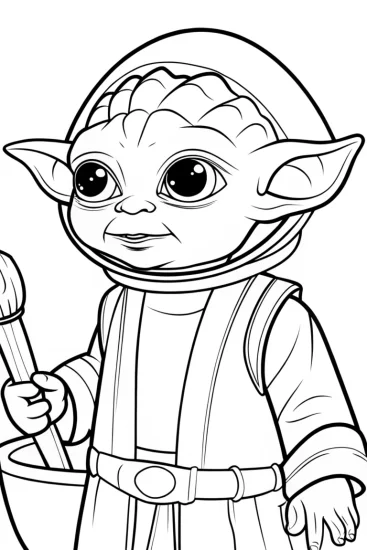 A coloring page of Baby Yoda’s cosmic costume party
