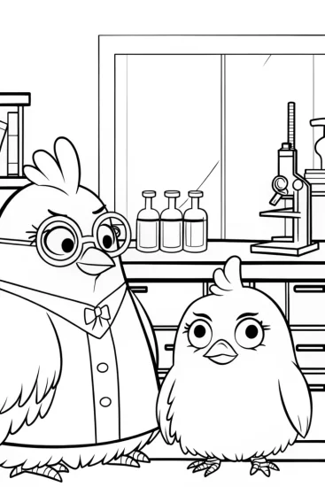 A coloring page of Chickens in a science lab