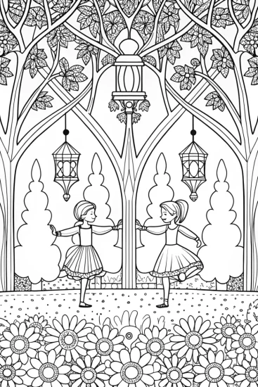 A coloring page of Banban’s midnight garden dance party