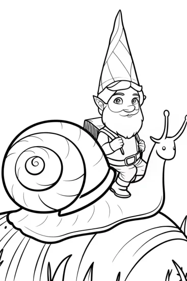 A coloring page of Gnome riding a giant snail