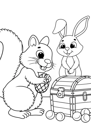 A coloring page of Squirrel and rabbit treasure hunt