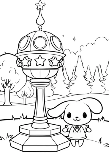A coloring page of Cinnamoroll’s enchanted weather station