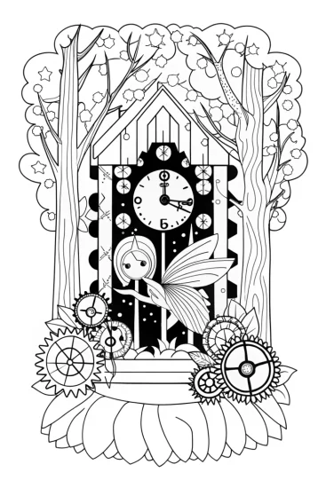 A coloring page of Ticktock the fairy in the clockwork forest
