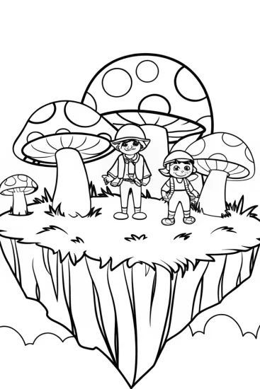 A coloring page of Mushroom explorers on a floating island