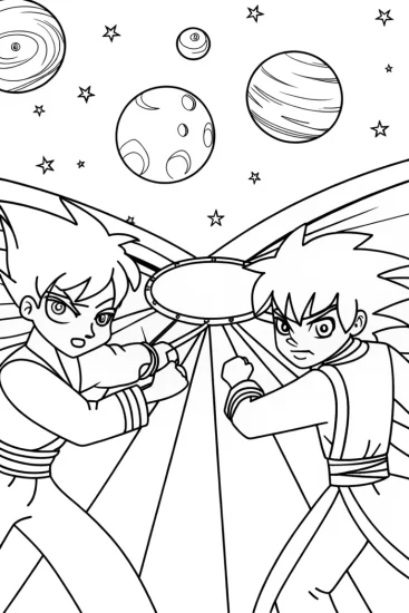 A coloring page of Anime duelists in a cosmic arena