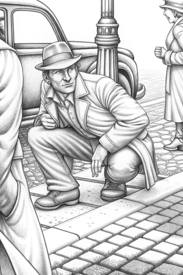 A coloring page of Detective Finn solving mysteries