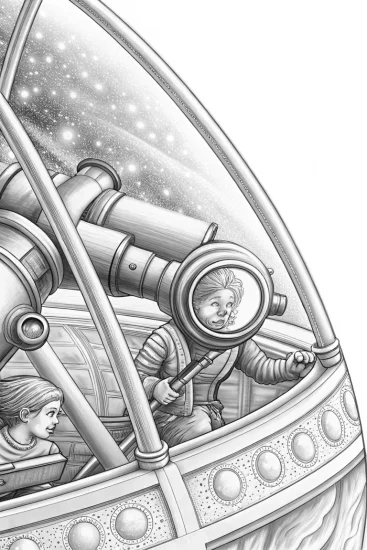 A coloring page of Gnome astronomer on a starship