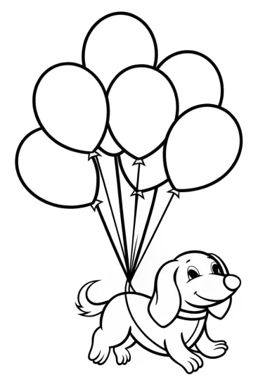 A coloring page of Dog flying with balloons