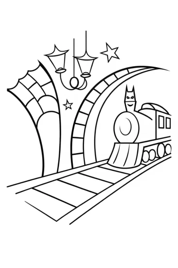 A coloring page of Batman at the enchanted train station