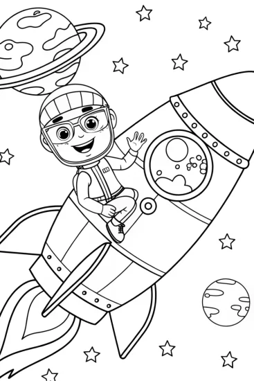 A coloring page of Blippi flying a colorful rocket