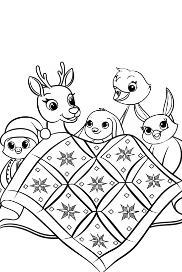 A coloring page of Animals around the Christmas quilt