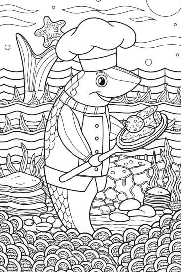 A coloring page of Shark chef cooking in the ocean