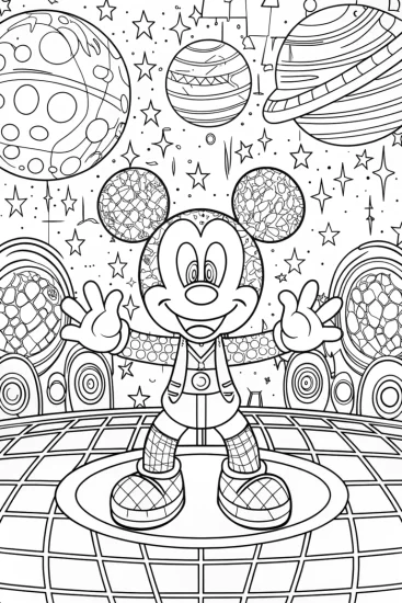 A coloring page of Mickey Mouse’s galactic dance party