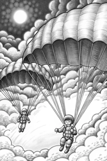 A coloring page of Children skydiving in summer sky