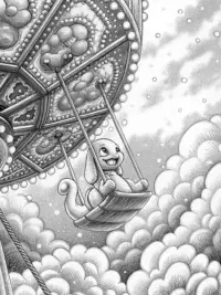 Charmander riding a cloud carousel