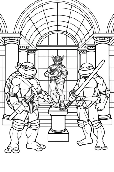A coloring page of Ninja Turtles in a museum