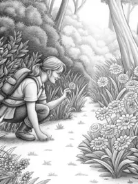 Flamingo botanist exploring a forest