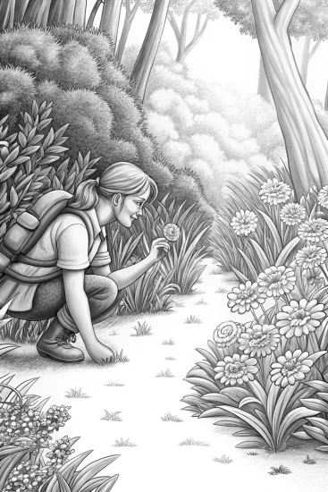 A coloring page of Flamingo botanist exploring a forest