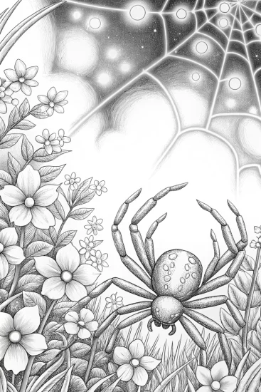A coloring page of Spider tending cosmic garden
