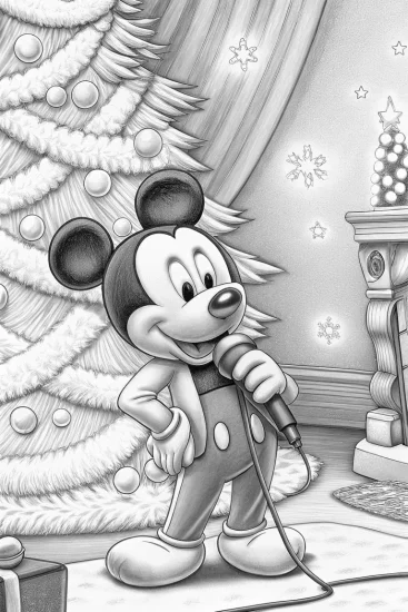 A coloring page of Mickey Mouse Christmas karaoke