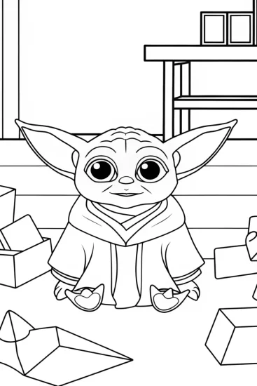 A coloring page of Baby Yoda’s origami workshop