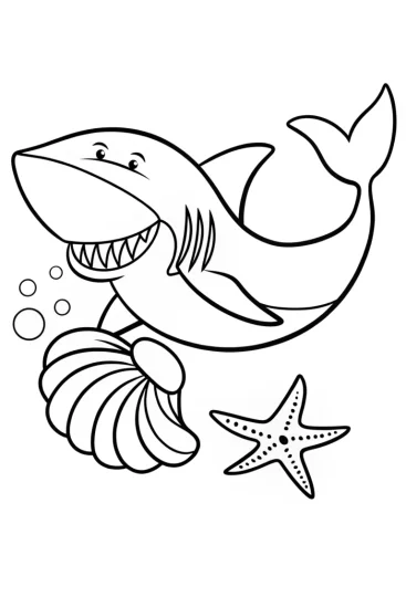 A coloring page of Shark playing conch shell