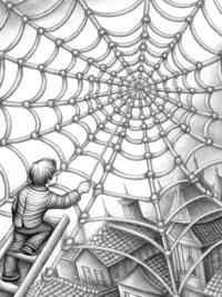 Spider architect designing a web city