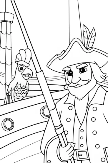 A coloring page of Captain Cluck sailing through time