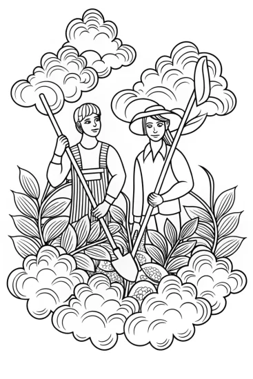 A coloring page of Steve and Alex gardening in clouds