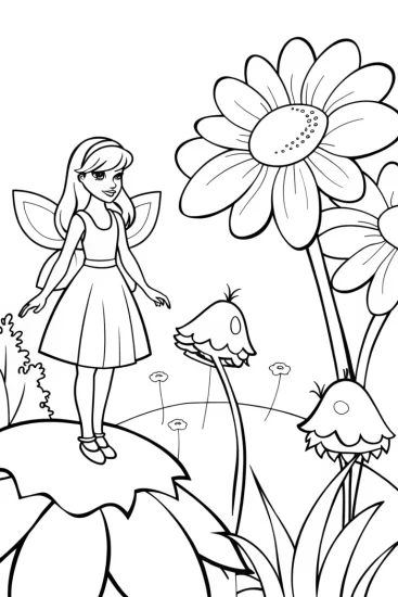 A coloring page of Barbie’s magical garden scene
