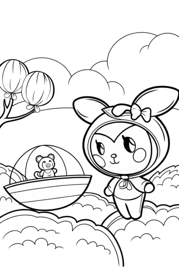 A coloring page of Kuromi exploring dream islands