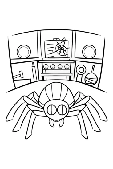 A coloring page of Spider inventor in a workshop