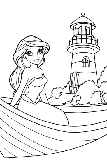 A coloring page of Jasmine in a floating lighthouse garden