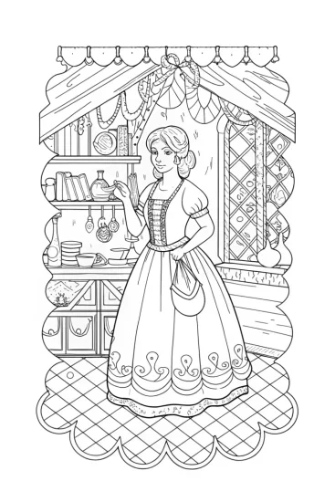 A coloring page of Princess inventing in her workshop