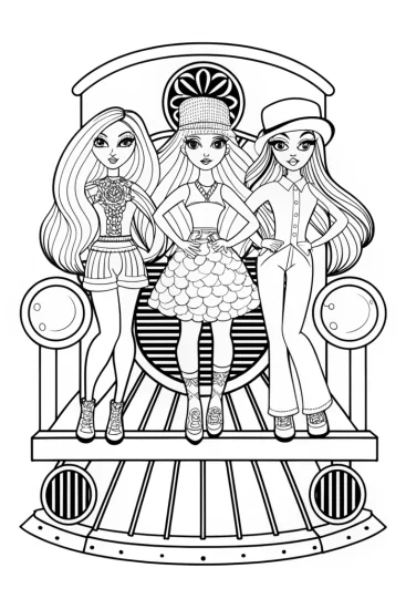 A coloring page of Bratz dolls on a fashion train