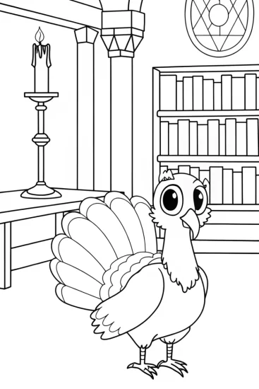 A coloring page of Quill the turkey in a magical library