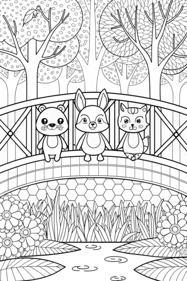 A coloring page of Woodland friends on a bridge