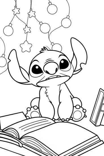 A coloring page of Stitch in a magical library